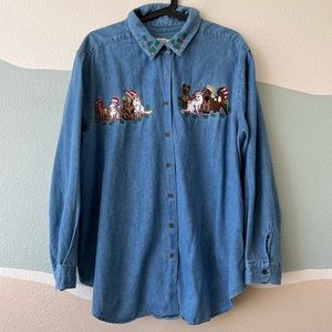 Karen Scott II Christmas Kitties Soft Denim Button-down Shirt